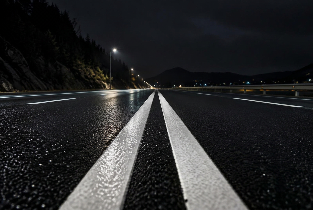 Freshly marked road with crisp white lines on dark asphalt